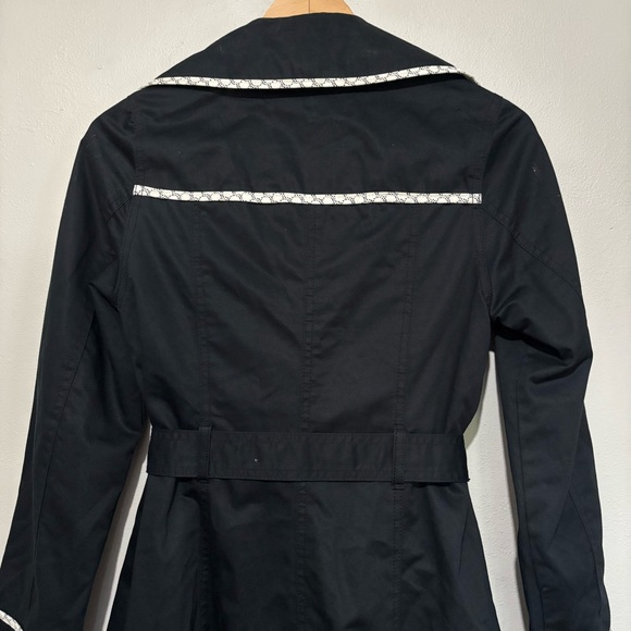 Merona Black Trench Coat White Trim Notched Lapels Waist Tie Size Small - Picture 7 of 11